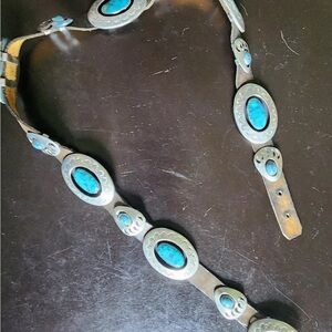 Relist;Heavy Solid Silver Vintage Signed Blue Gem Turquoise Concho Belt ❤️🔥